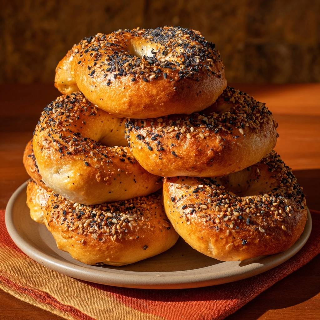 Perfekte Sesam-Bagels gestapelt auf einem Teller, mit einer Mischung aus Sesam- und Mohn-Toppings.