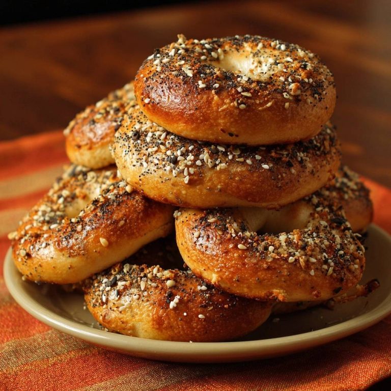 Perfekte Sesam-Bagels frisch gebacken und gestapelt mit einer Mischung aus Samen und Gewürzen auf einem Teller.