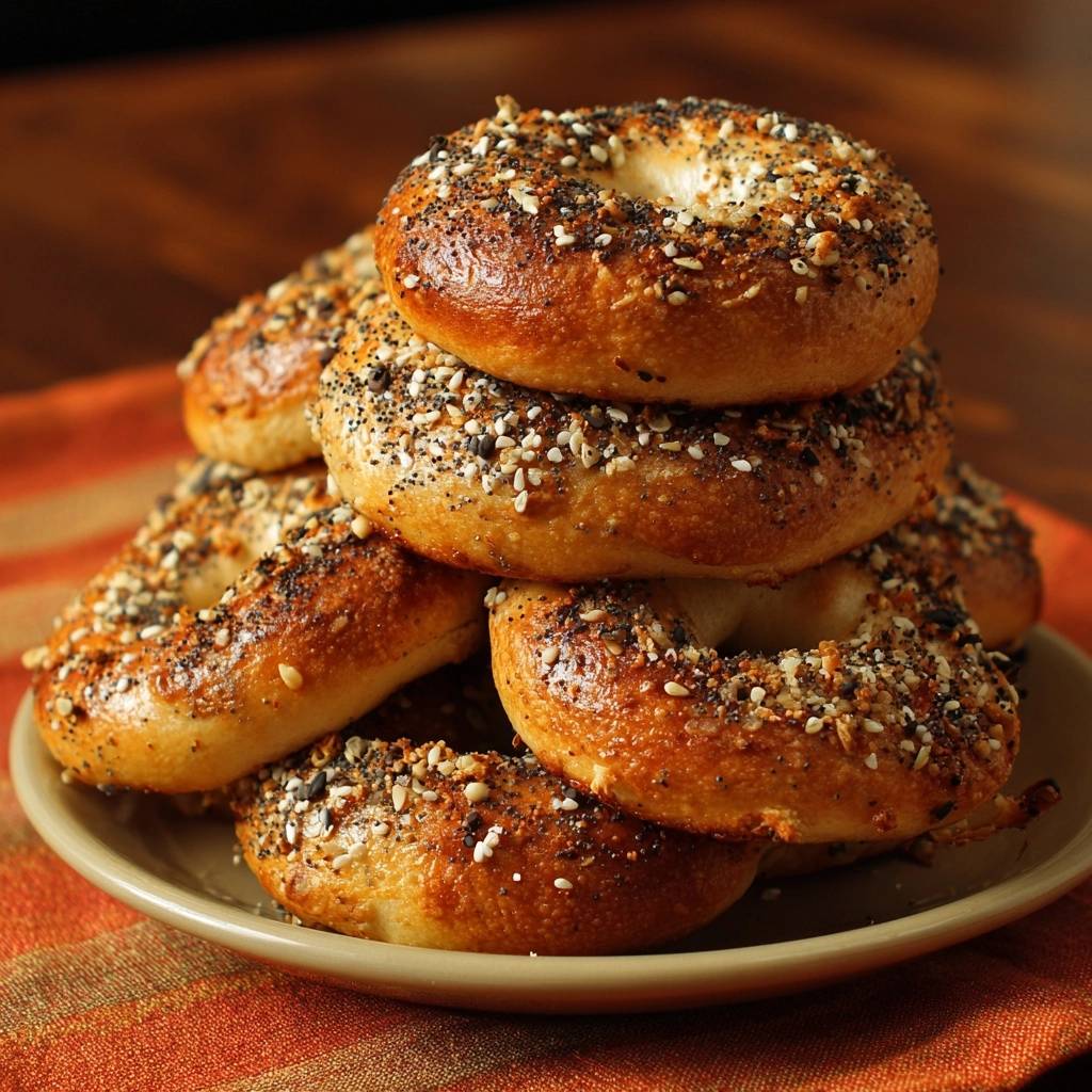Perfekte Sesam-Bagels frisch gebacken und gestapelt mit einer Mischung aus Samen und Gewürzen auf einem Teller.
