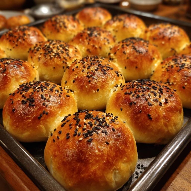 Sesam-Milchbrötchen, frisch gebacken und mit schwarzem und weißem Sesam bestreut, auf einem Backblech aus der Nähe fotografiert.