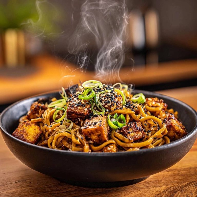 Knuspriger Sesam-Tofu mit Udon-Nudeln, serviert in einer schwarzen Schüssel mit aufsteigendem Dampf und Sesam-Garnitur.