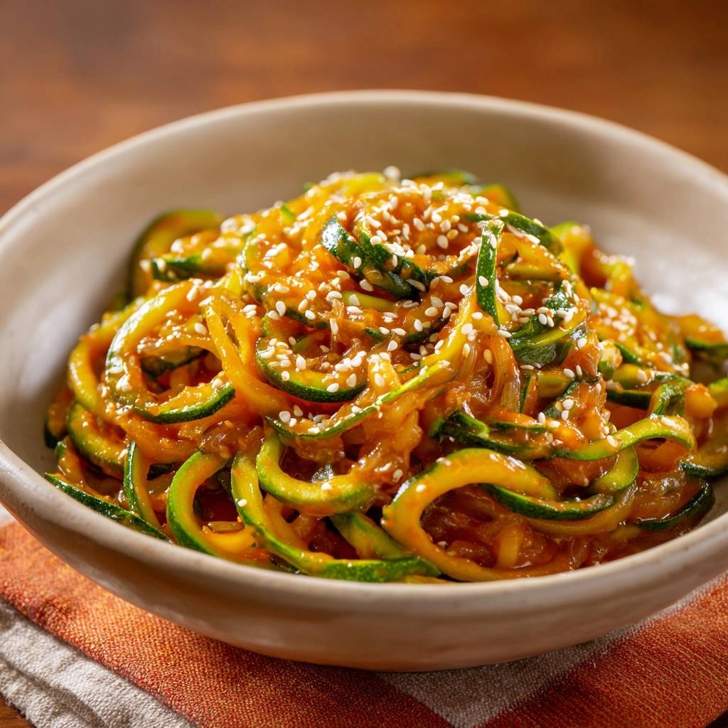 Knackige Sesam-Zucchini-Nudeln, garniert mit weißen Sesamsamen in einer Schüssel auf einem Tuch