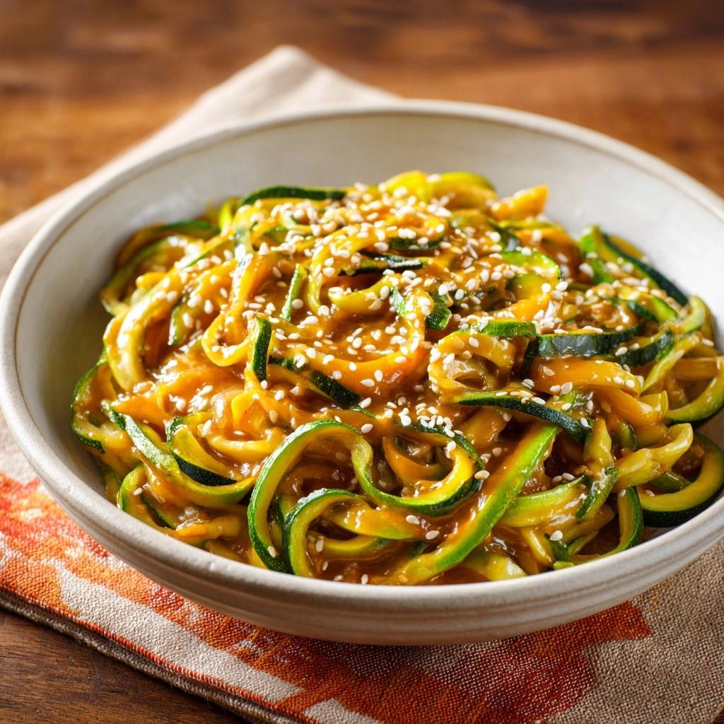 Knackige Sesam-Zucchini-Nudeln mit Sesamsamen garniert in einer Schüssel, Nahaufnahme.