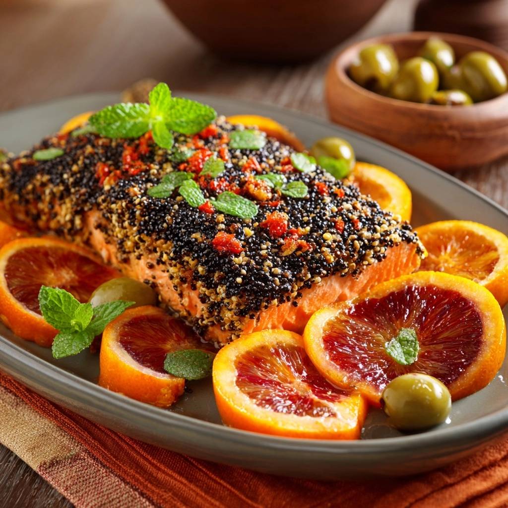 Sesamkrusten-Lachs mit Blutorange & Oliven, garniert mit Minze und Blutorangenscheiben auf einem Teller