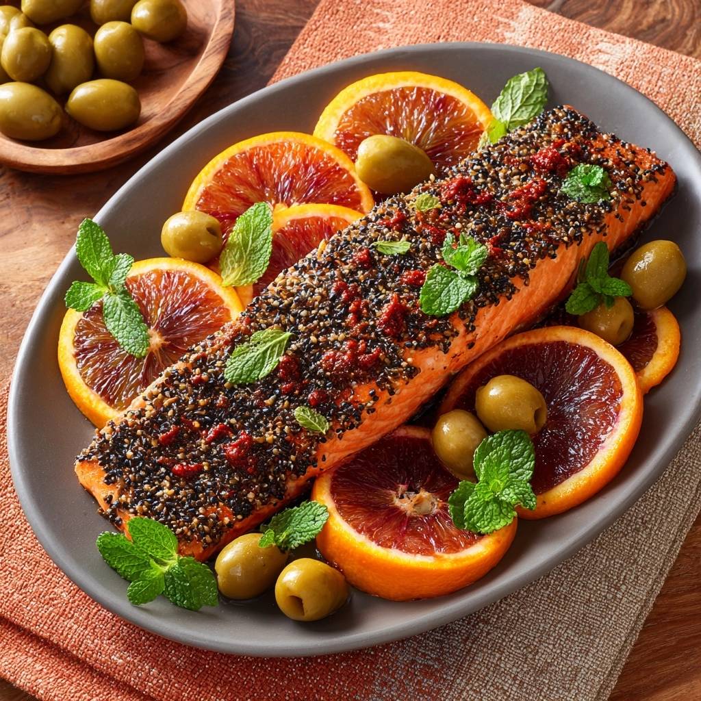Sesamkrusten-Lachs mit Blutorange & Oliven, nahaufnahme des perfekt garnierten Fischfilets mit frischer Minze.