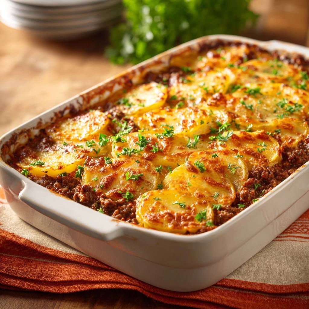 Shepherd’s Pie mit knuspriger Kruste und frischer Petersilie garniert, in einer weißen Auflaufform