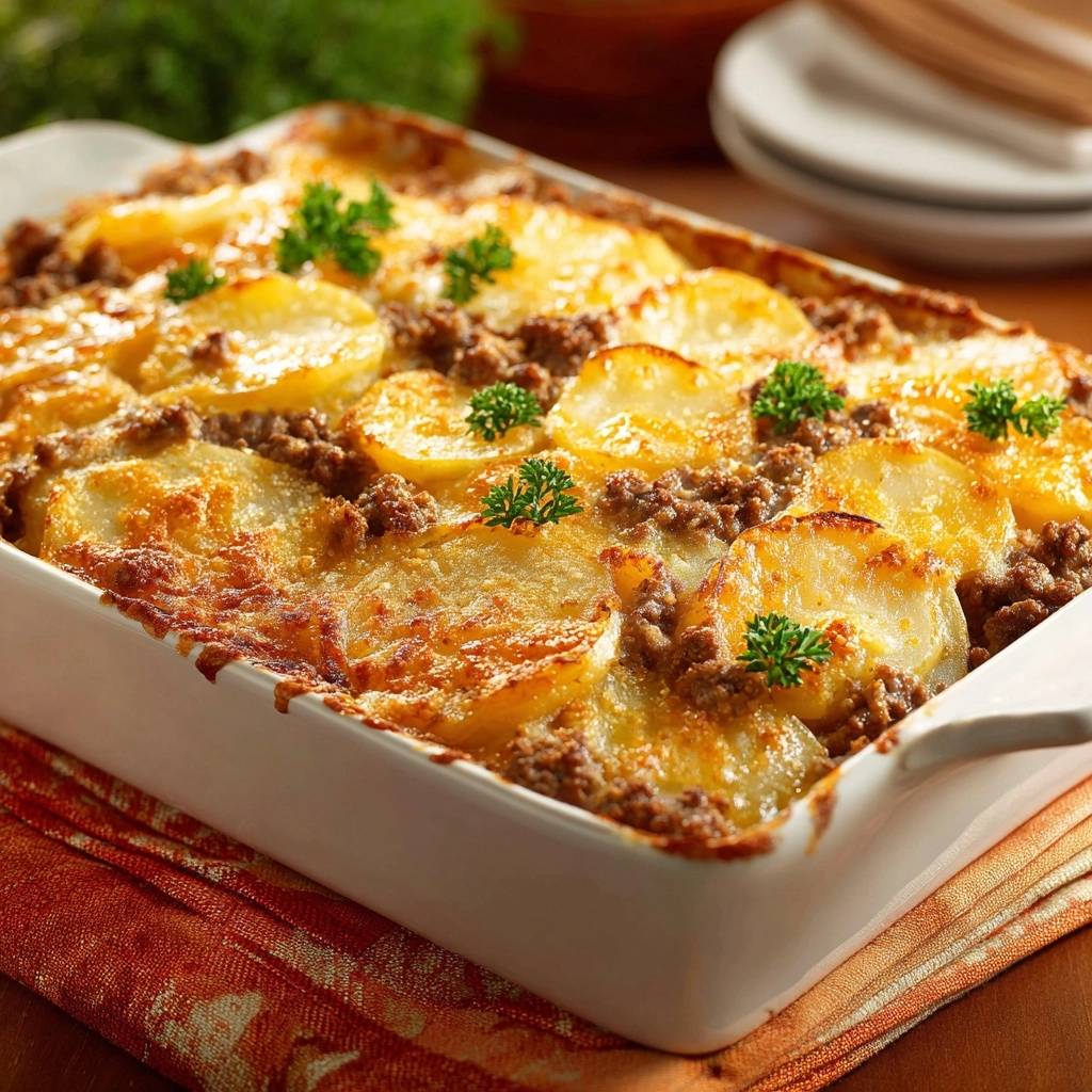 Shepherd's Pie mit knuspriger Kruste und garnierten Kartoffelscheiben, nahaufnahme im Auflauf