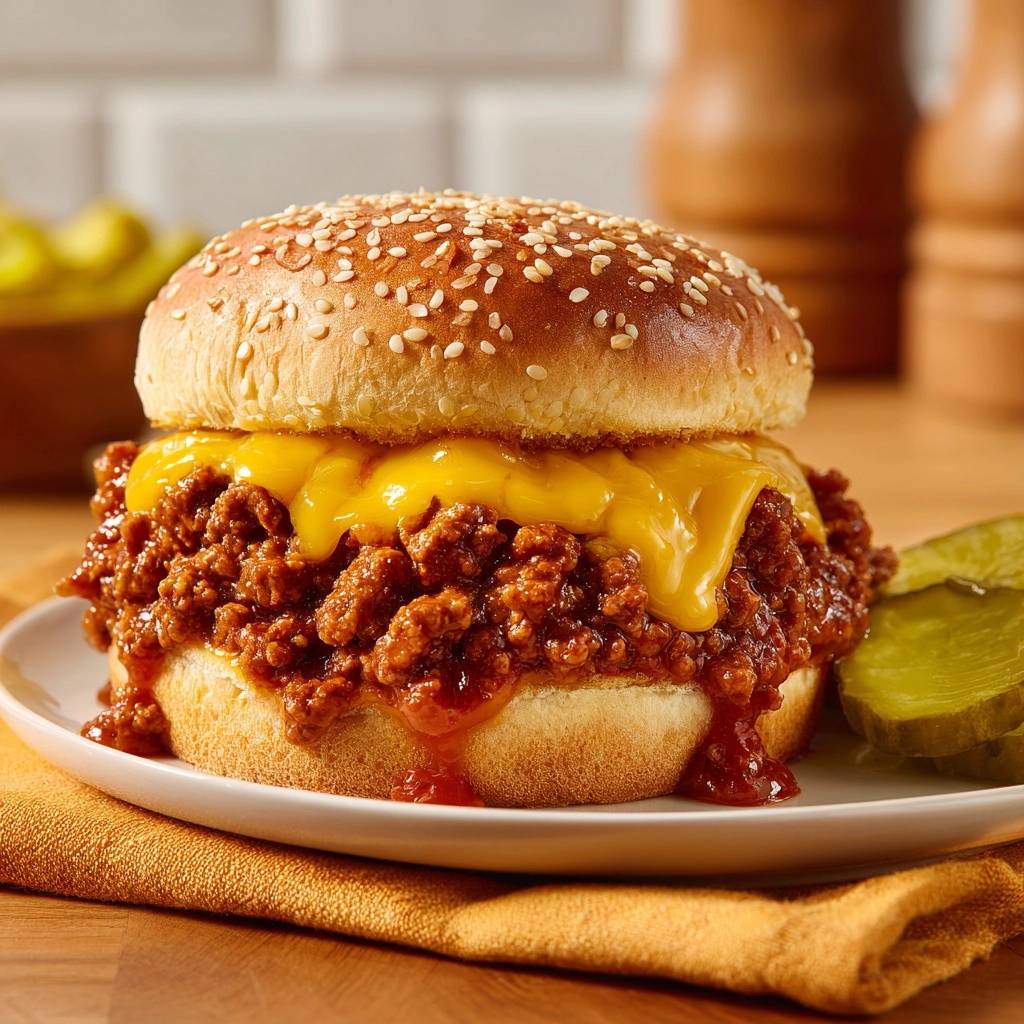 Sloppy Joe Burger mit geschmolzenem Käse und einer Dillgurke auf einem Teller, saftiges Hack-Rezept