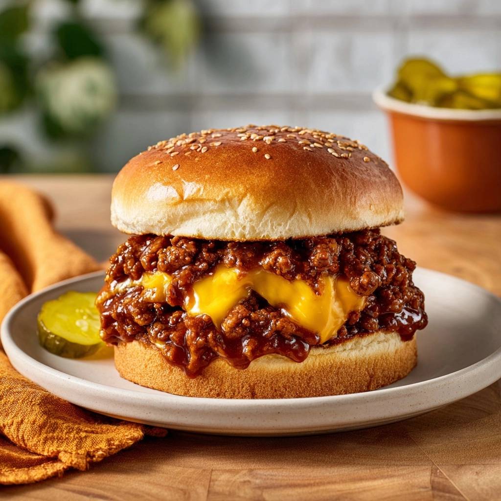 Sloppy Joe Burger mit geschmolzenem Käse, serviert auf einem Brötchen mit einer Beilage Gurke auf einem Teller.