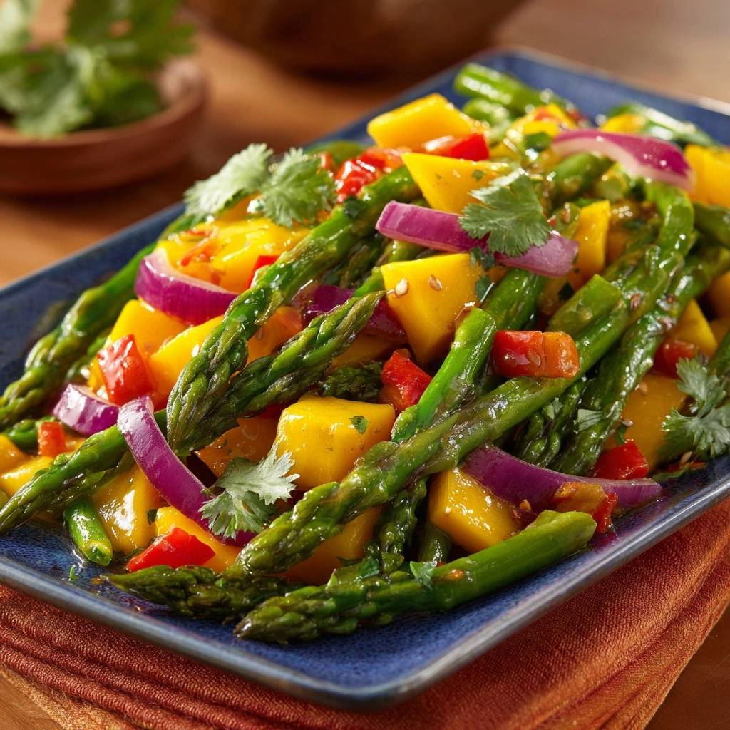 Spargel Mango Wok Nahaufnahme 1 Knackiger Spargel-Mango-Wok als Nahaufnahme auf einer blauen Platte mit roten Zwiebeln und Koriander garniert.