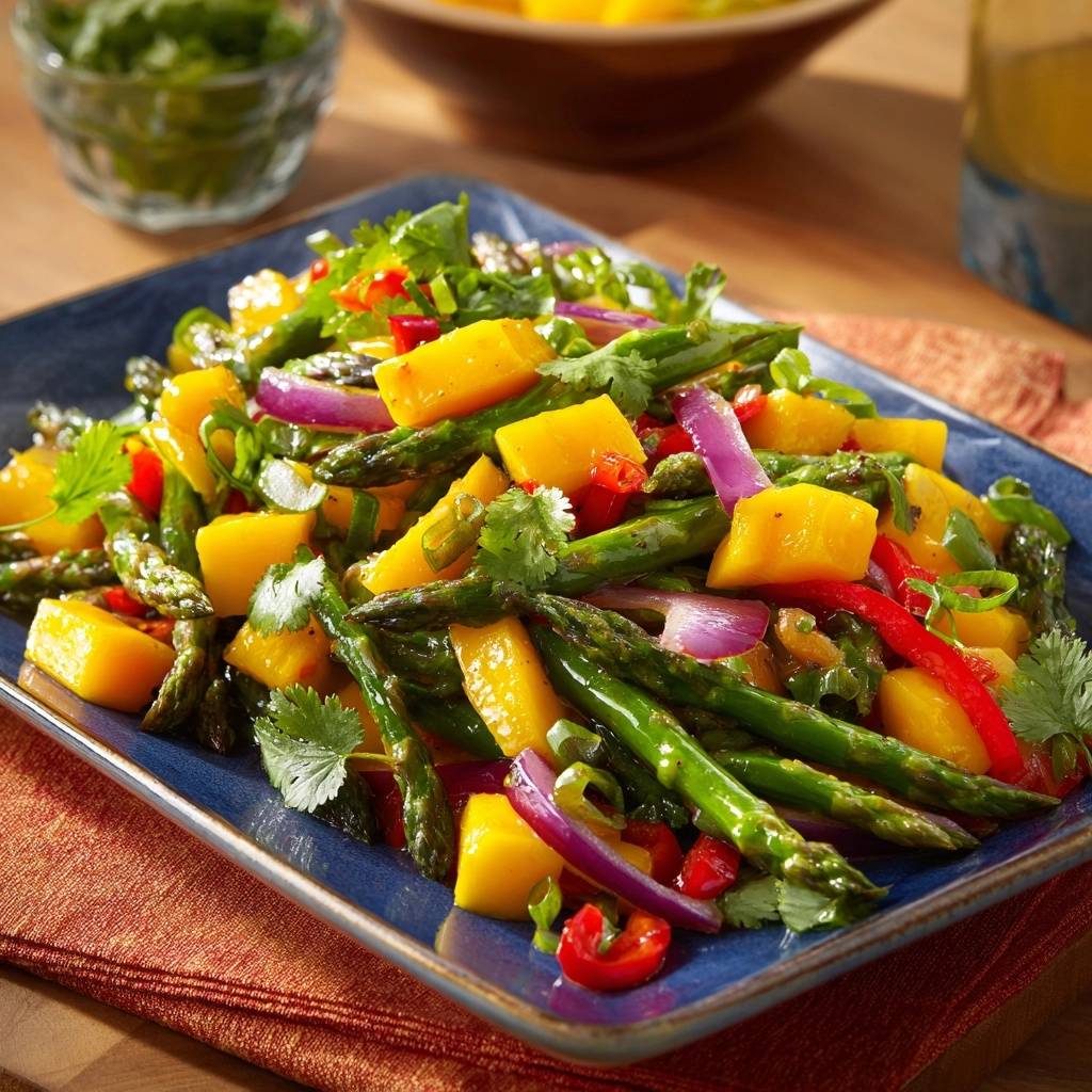 Knackiger Spargel-Mango-Wok serviert auf einer blauen Platte mit roten Zwiebeln und Koriandergarnitur