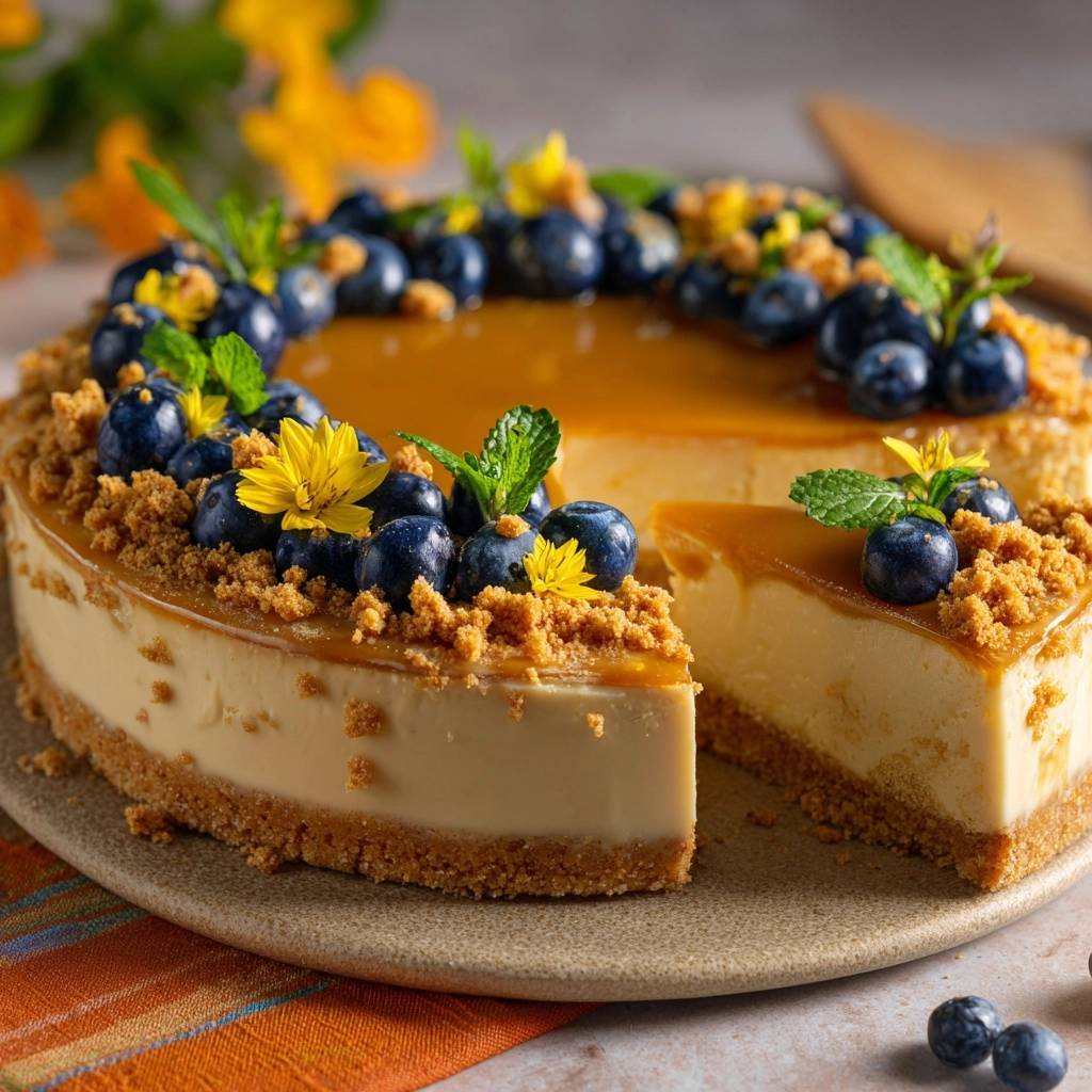 Spekuloos-Blaubeer-Karamell-Cheesecake angeschnitten auf einem Teller, mit Blaubeeren und Minze garniert.