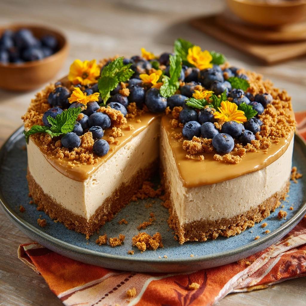 Spekuloos-Blaubeer-Karamell-Cheesecake angeschnitten mit Blaubeeren, Karamell und Minze garniert