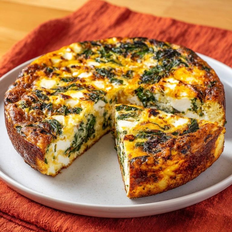 Spinat-Feta-Quiche angeschnitten auf einem Teller auf einem roten Tuch, mit einem sichtbaren Stück und saftiger Füllung.