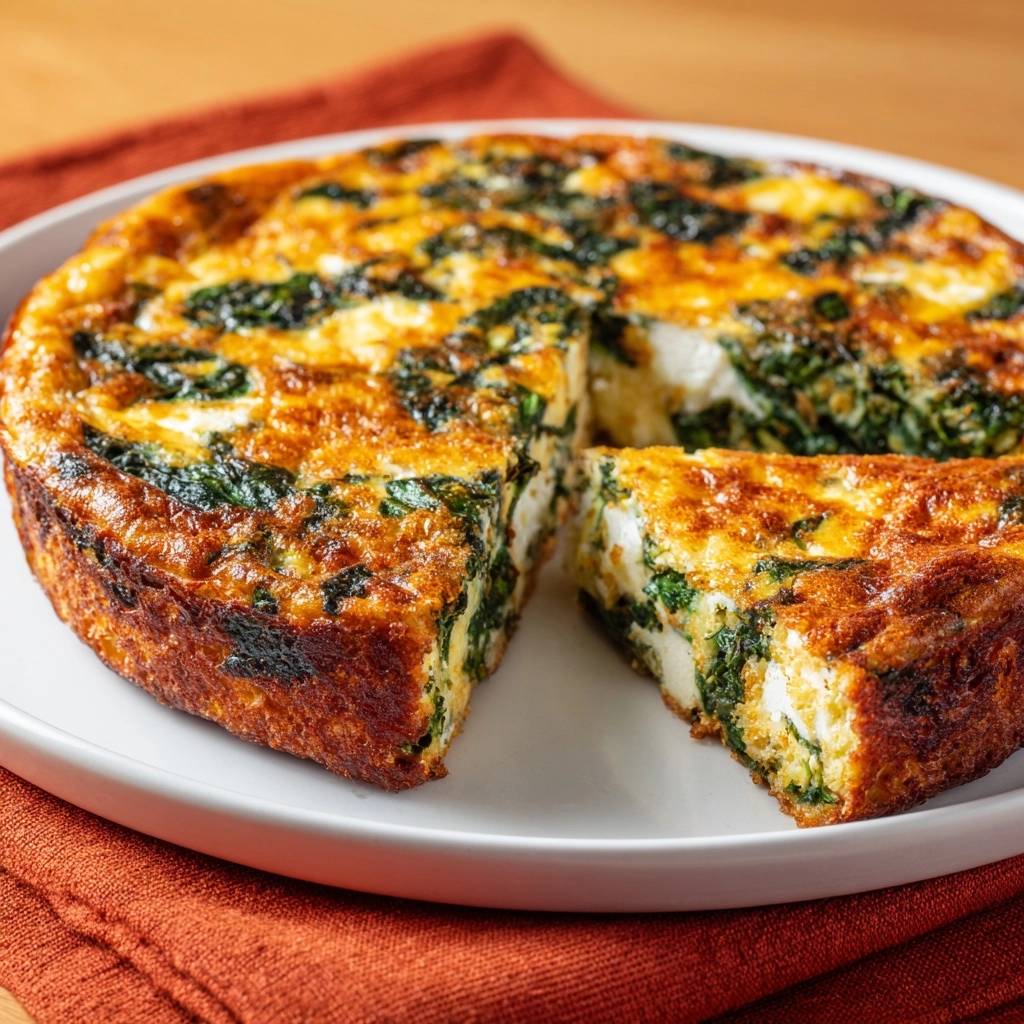 Spinat-Feta-Quiche angeschnitten und im Detail von innen gezeigt, mit sichtbaren Spinat- und Feta-Schichten.