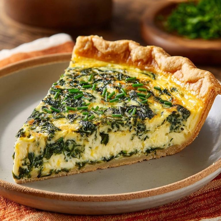 Spinat-Quiche angeschnitten auf einem Teller, mit frischen Schnittlauch-Garnitur und goldbraunem Teigrand.