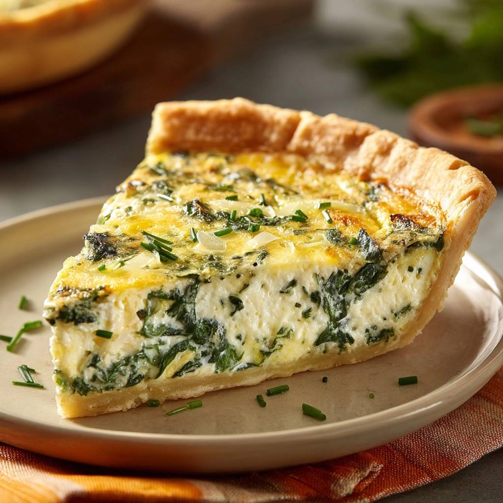 Spinat Quiche Angeschnitten Mit Krutern 1 Spinat-Quiche angeschnitten auf einem Teller, garniert mit frischen Kräutern und Zwiebeln.