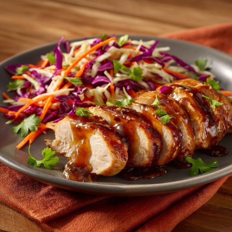 Saftiges Teriyaki-Hähnchen mit buntem Krautsalat, angeschnitten und mit Sauce übergossen auf einem Teller.