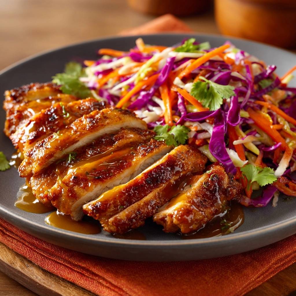 Saftiges Teriyaki-Hähnchen mit buntem Krautsalat, angeschnitten und mit Sauce übergossen, auf einem Teller serviert.