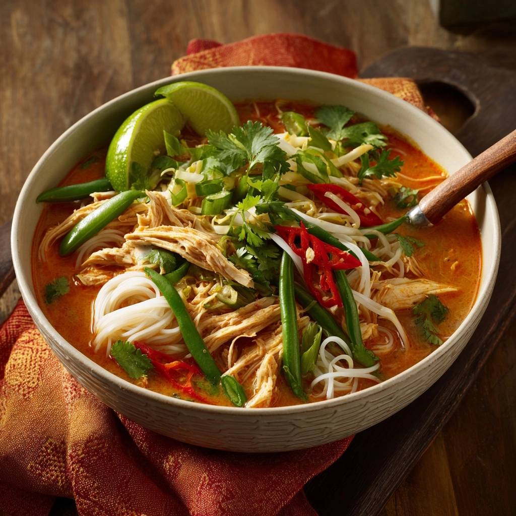 Thailaendisches Rotes Huhner Curry Garniert 1 Thailändisches rotes Hühner-Curry mit Reisnudeln, garniert mit frischen Kräutern, Chilis und Limette, serviert in einer Schüssel.