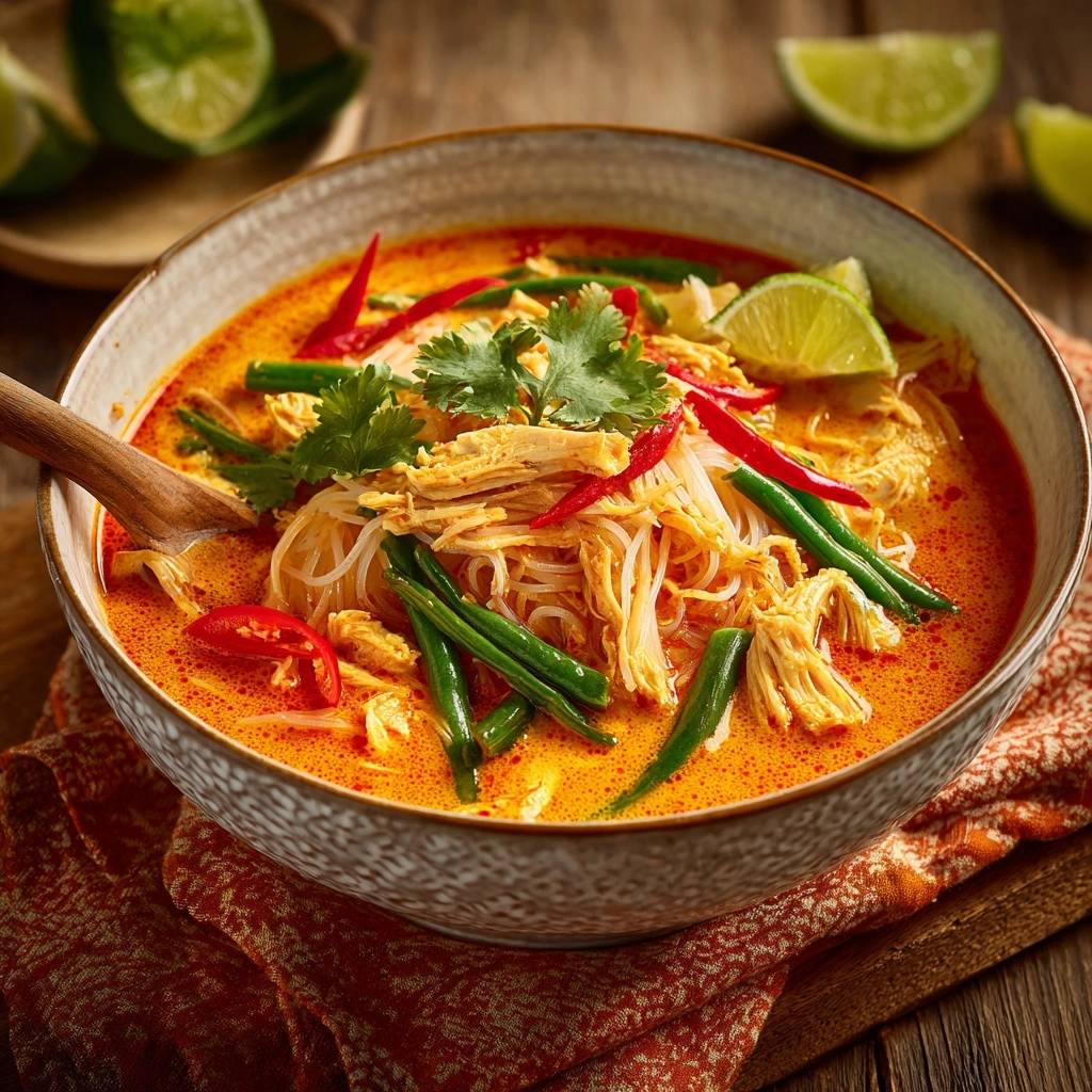 Thailändisches rotes Hühner-Curry mit Reisnudeln, Nahaufnahme der Garnitur mit Chili und Koriander