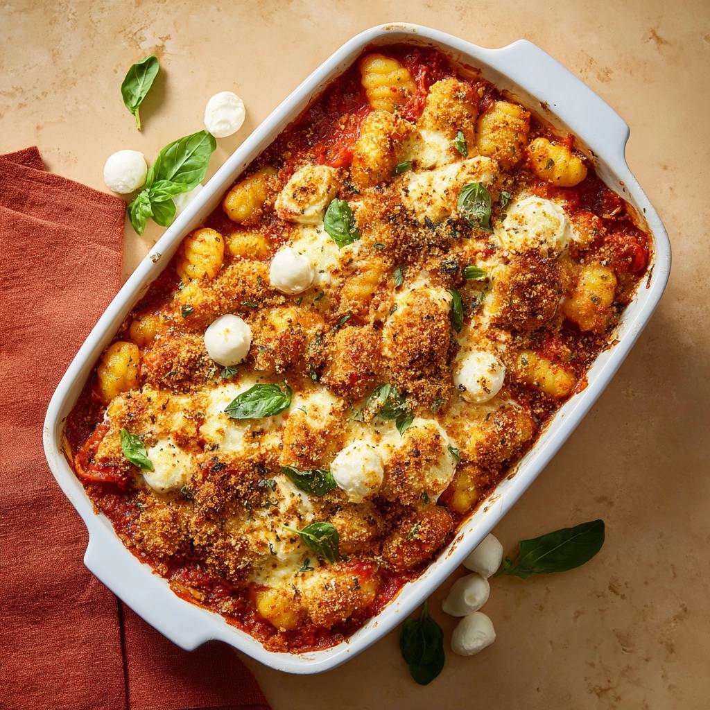 Überbackene Gnocchi mit Tomatensoße und Mozzarella von oben in einer Auflaufform mit frischem Basilikum garniert.