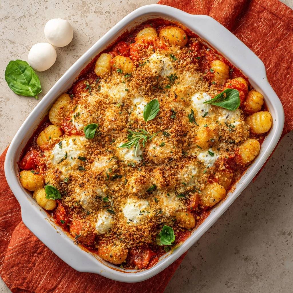 Ueberbackene Gnocchi Mit Tomatensoe Von Oben 1 Überbackene Gnocchi mit Tomatensoße und Mozzarella, frisch aus dem Ofen in einer Auflaufform von oben fotografiert.