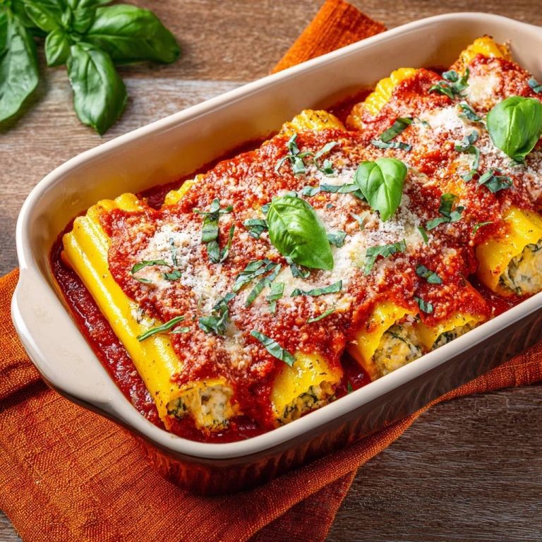 Überbackene Spinat-Cannelloni, in einer Auflaufform mit Tomatensauce, Käse und frischem Basilikum garniert.