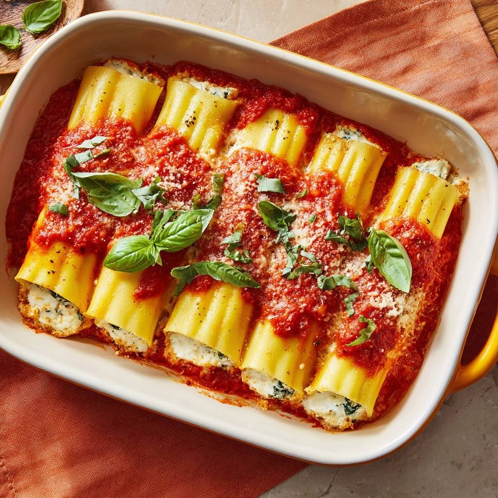 Überbackene Spinat-Cannelloni frisch aus dem Backofen, serviert in einer Auflaufform mit Tomatensauce und Basilikum garniert.