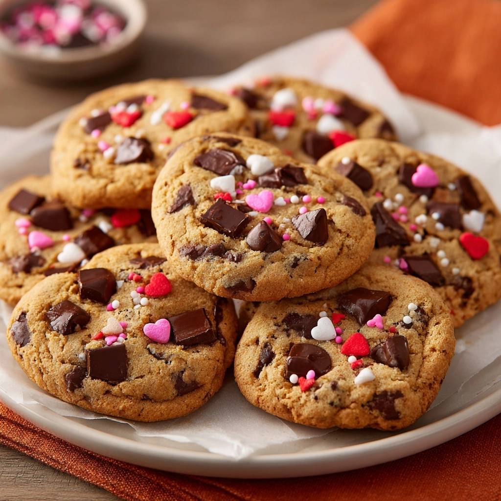 Valentins-Schoko-Herz-Cookies mit Schokostückchen und bunten Zuckerstreuseln auf einem Teller garniert.