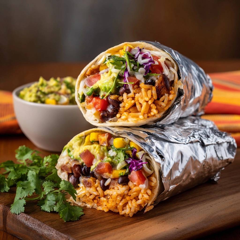 Veggie-Burritos angeschnitten mit Guacamole und frischem Koriander auf einem Holzbrett serviert.