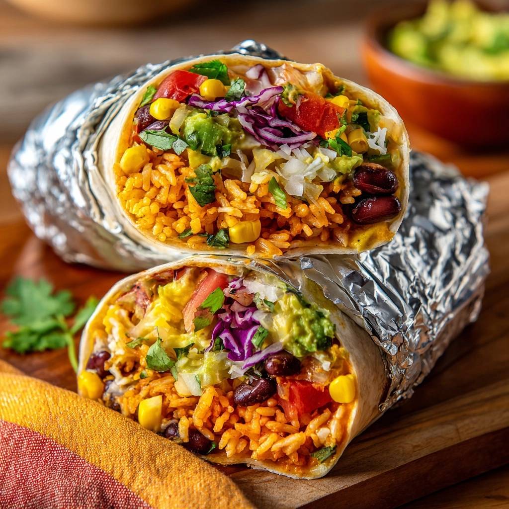 Veggie-Burritos angeschnitten mit Guacamole und Bohnen, die eine reichhaltige Füllung von Reis, Mais und Gemüse zeigen.