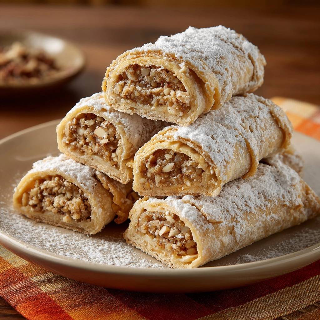 Knusprige Walnussstrudel mit einer Nahaufnahme des gefüllten Inneren und Puderzucker bestäubt