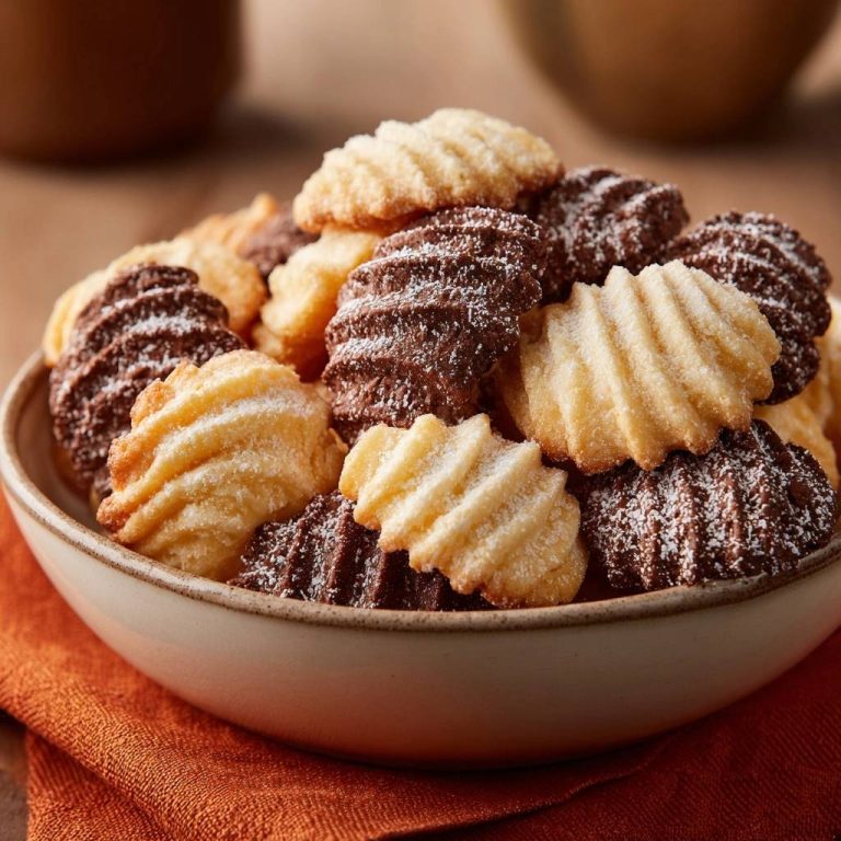 Wellige Vanille-Schoko-Spritzplätzchen in einer Schüssel, nahaufnahme der geriffelten Textur und Puderzuckerbestreuung