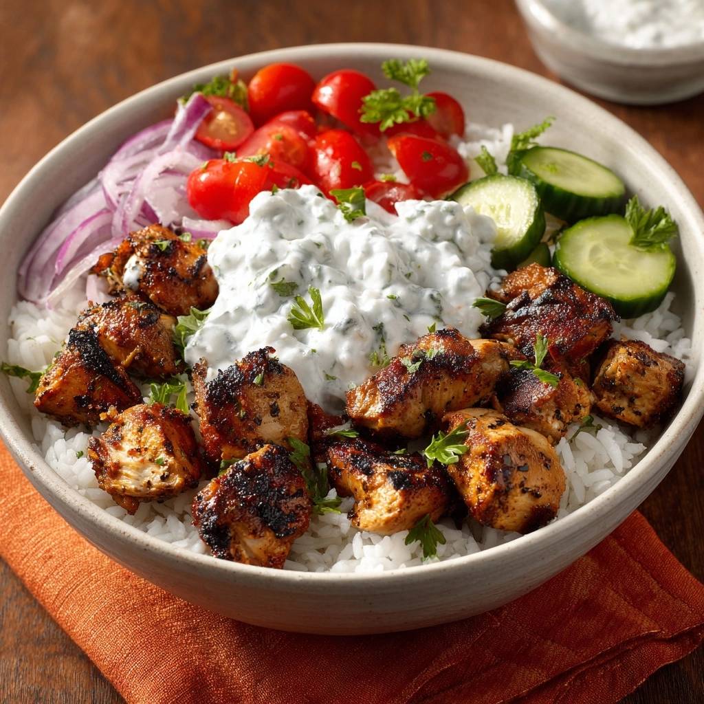 Würziges Hähnchen-Tikka-Bowl Rezept mit gegrillten Hähnchenstücken, Reis, Tzatziki und frischem Gemüse, nahaufnahme