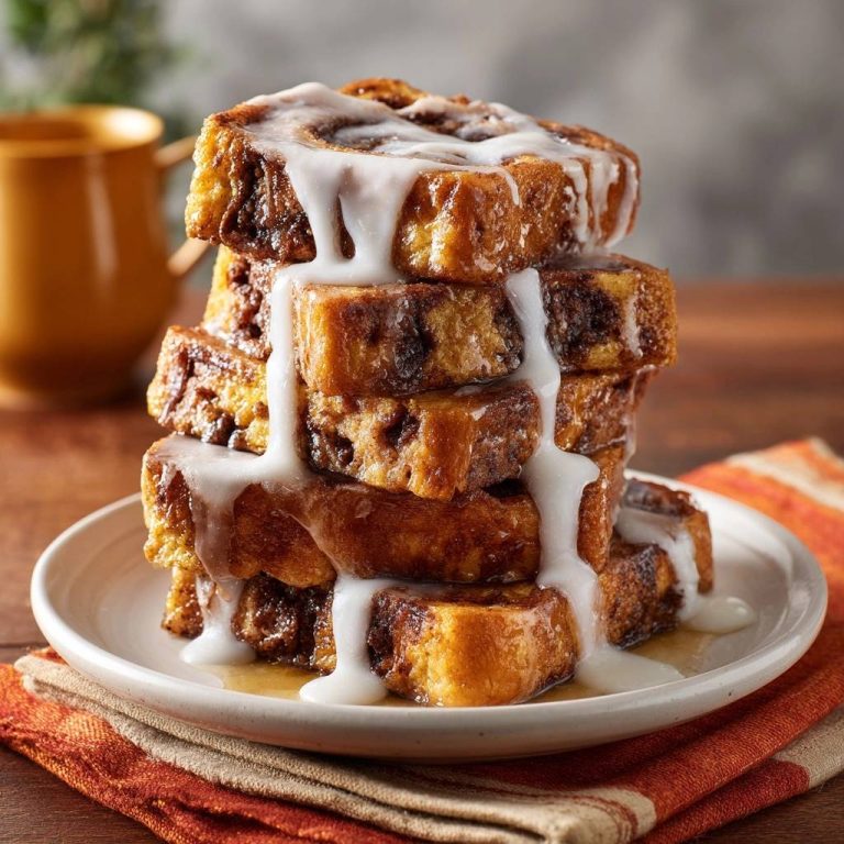 Zimtschnecken-French-Toast-Turm mit detailreicher Glasur, serviert auf einem Teller mit Stoffserviette.