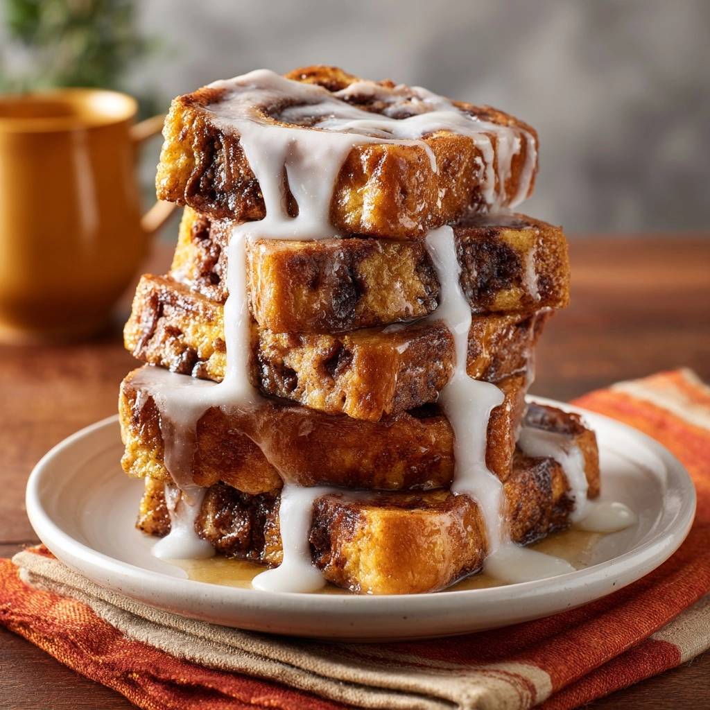 Zimtschnecken-French-Toast-Turm mit detailreicher Glasur, serviert auf einem Teller mit Stoffserviette.