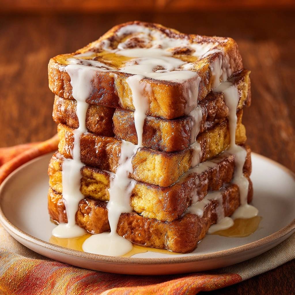 Zimtschnecken French Toast Turm Garniert 1 Zimtschnecken-French-Toast-Turm, übergossen mit süßer Glasur und serviert auf einem Teller mit einem gemusterten Tuch.