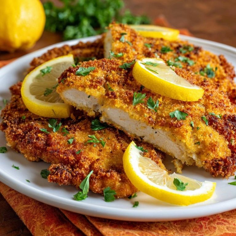 Knuspriges Zitronen-Hähnchenschnitzel Rezept angeschnitten auf einem Teller mit Zitronenscheiben und Petersilie garniert