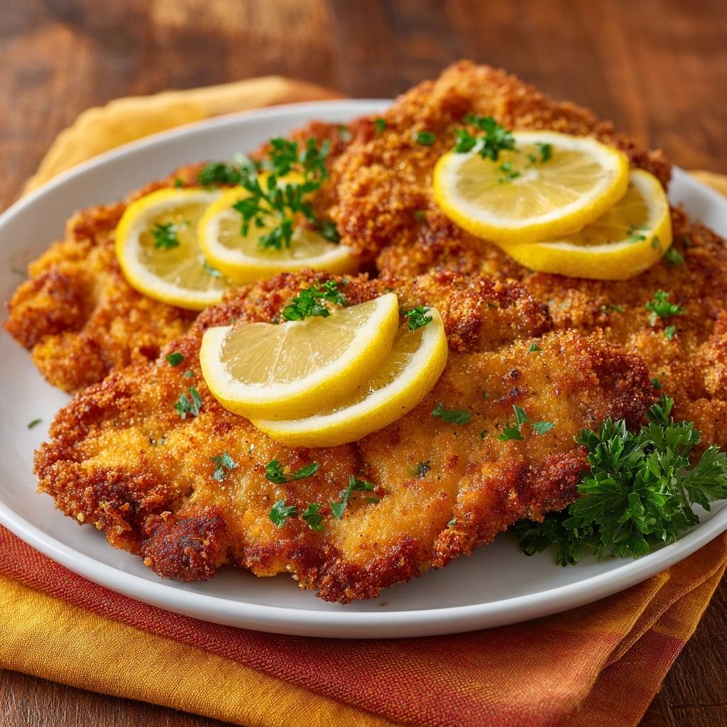 Knuspriges Zitronen-Hähnchenschnitzel garniert mit frischen Zitronenscheiben und Petersilie auf einem weißen Teller.