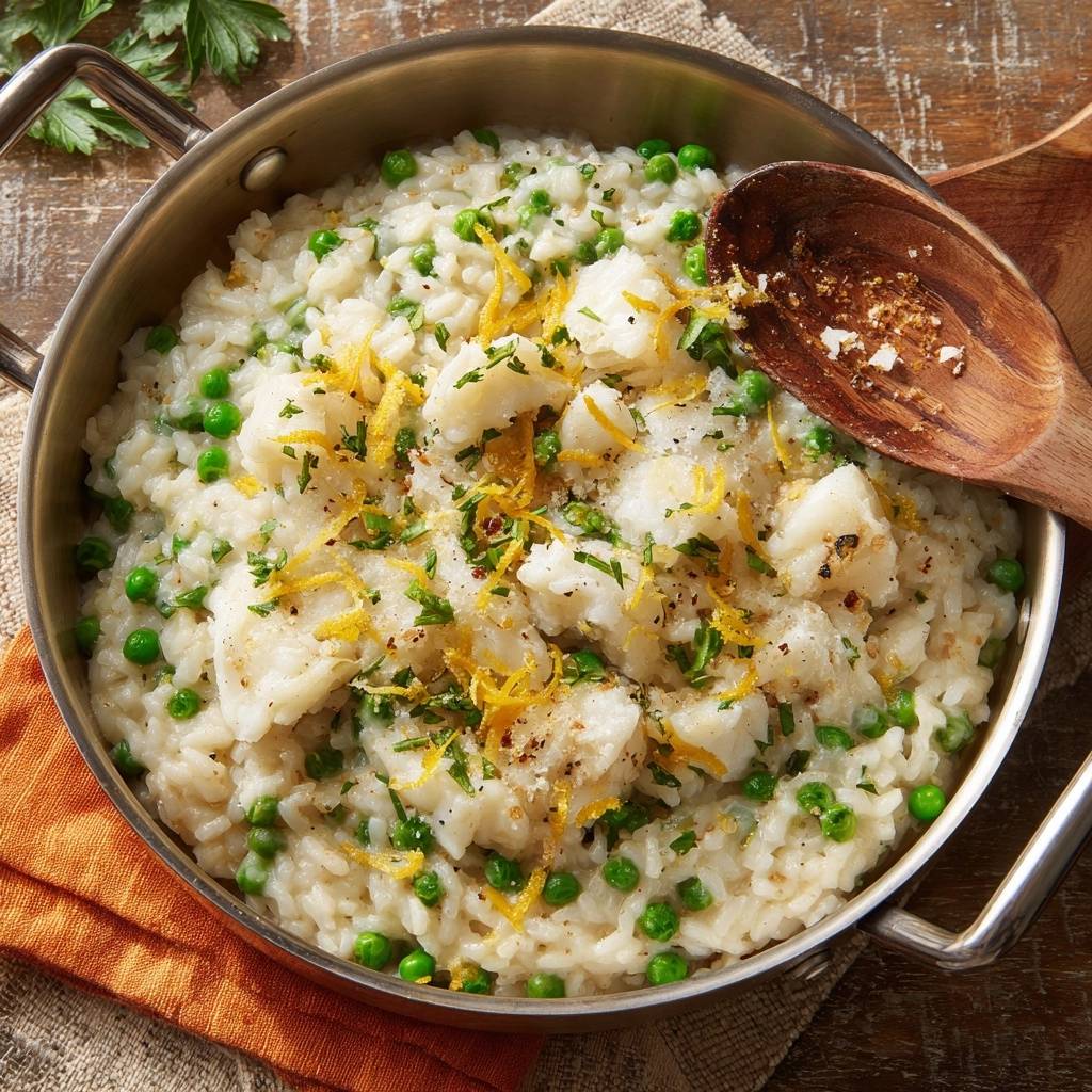 Zitroniges Fisch-Erbsen-Risotto mit frischer Petersilie und Zitronenzeste garniert, Nahaufnahme