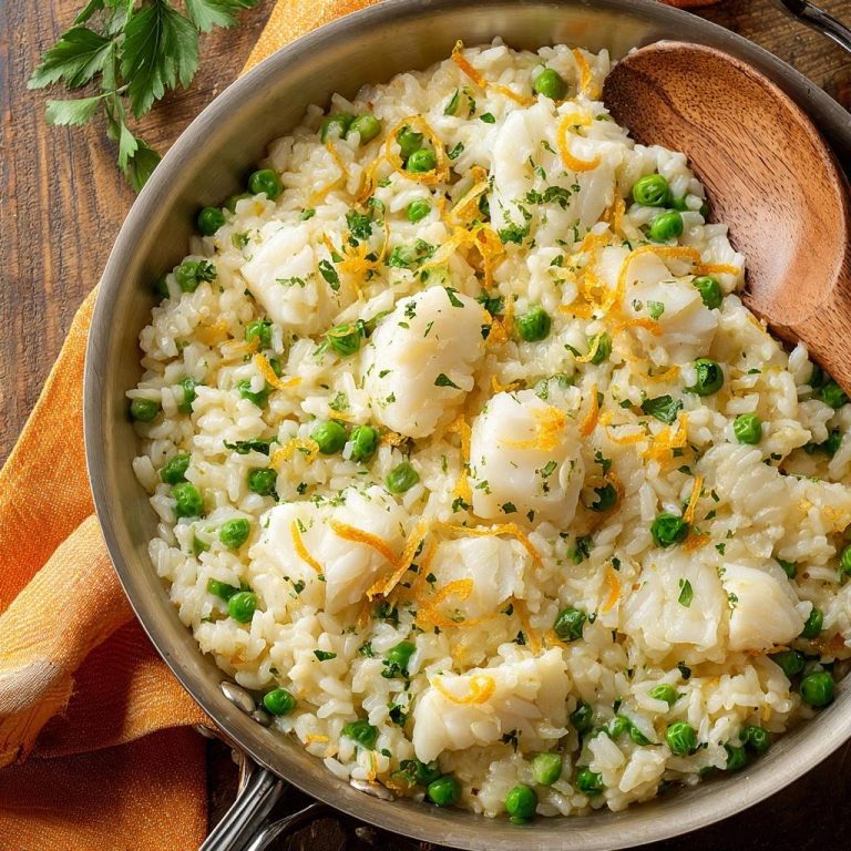 Zitroniges Fisch-Erbsen-Risotto in einer Metallpfanne, garniert mit Orangenzesten und Petersilie, von oben gesehen.