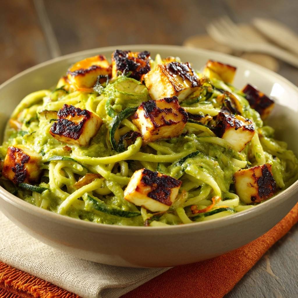 Zucchini-Nudeln mit Pesto und knusprigem Feta, mit Fokus auf die gebräunten Feta-Würfel als Topping.
