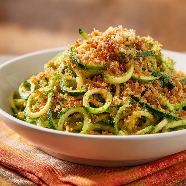 Zucchini-Nudeln mit Pesto und knusprigen Krümeln, serviert in einer weißen Schüssel, Nahaufnahme der Textur.