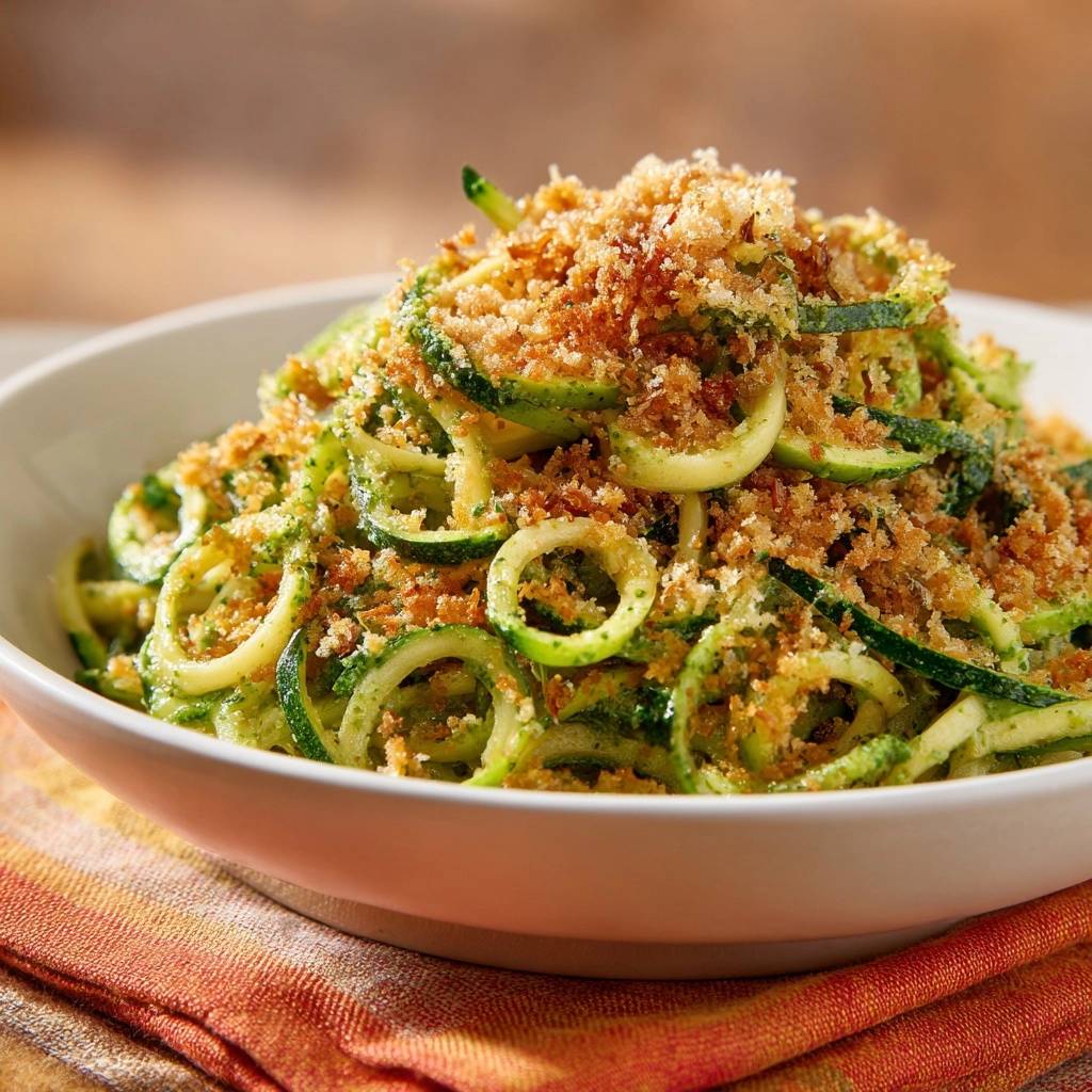Zucchini-Nudeln mit Pesto und knusprigen Krümeln, serviert in einer weißen Schüssel, Nahaufnahme der Textur.
