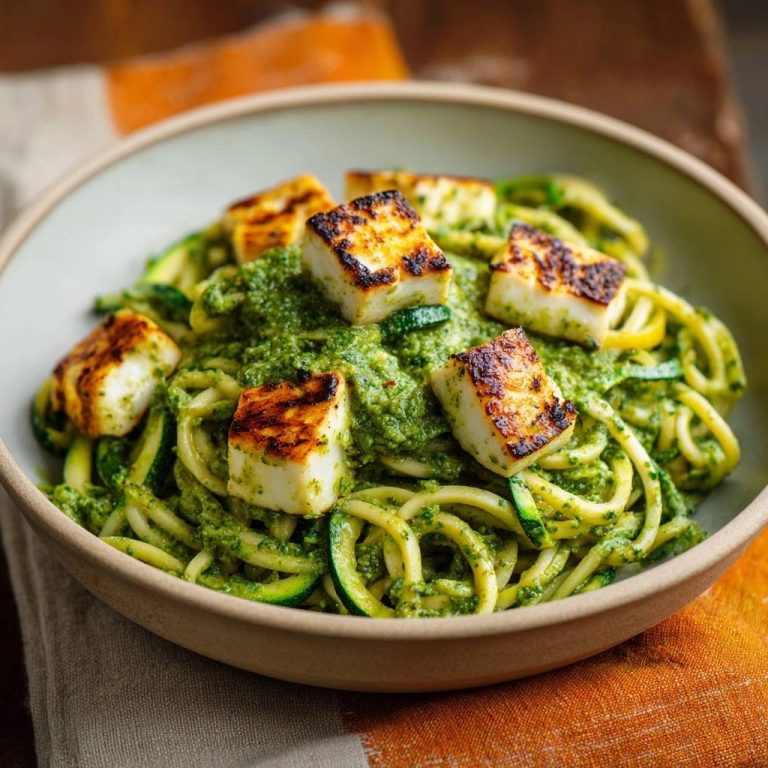 Zucchini-Nudeln mit Pesto und knusprigem Feta, nahaufnahme der gegrillten Feta-Würfel auf den grünen Nudeln