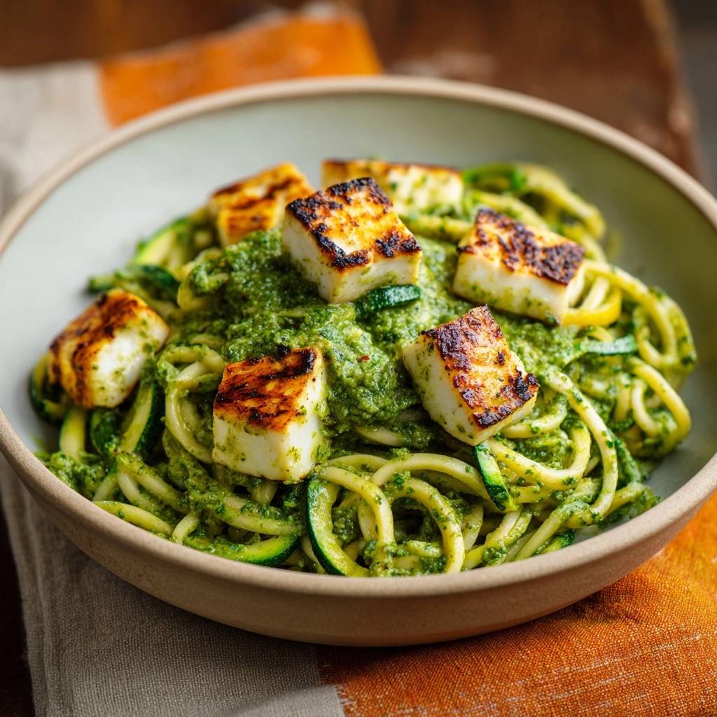 Zucchini-Nudeln mit Pesto und knusprigem Feta, nahaufnahme der gegrillten Feta-Würfel auf den grünen Nudeln