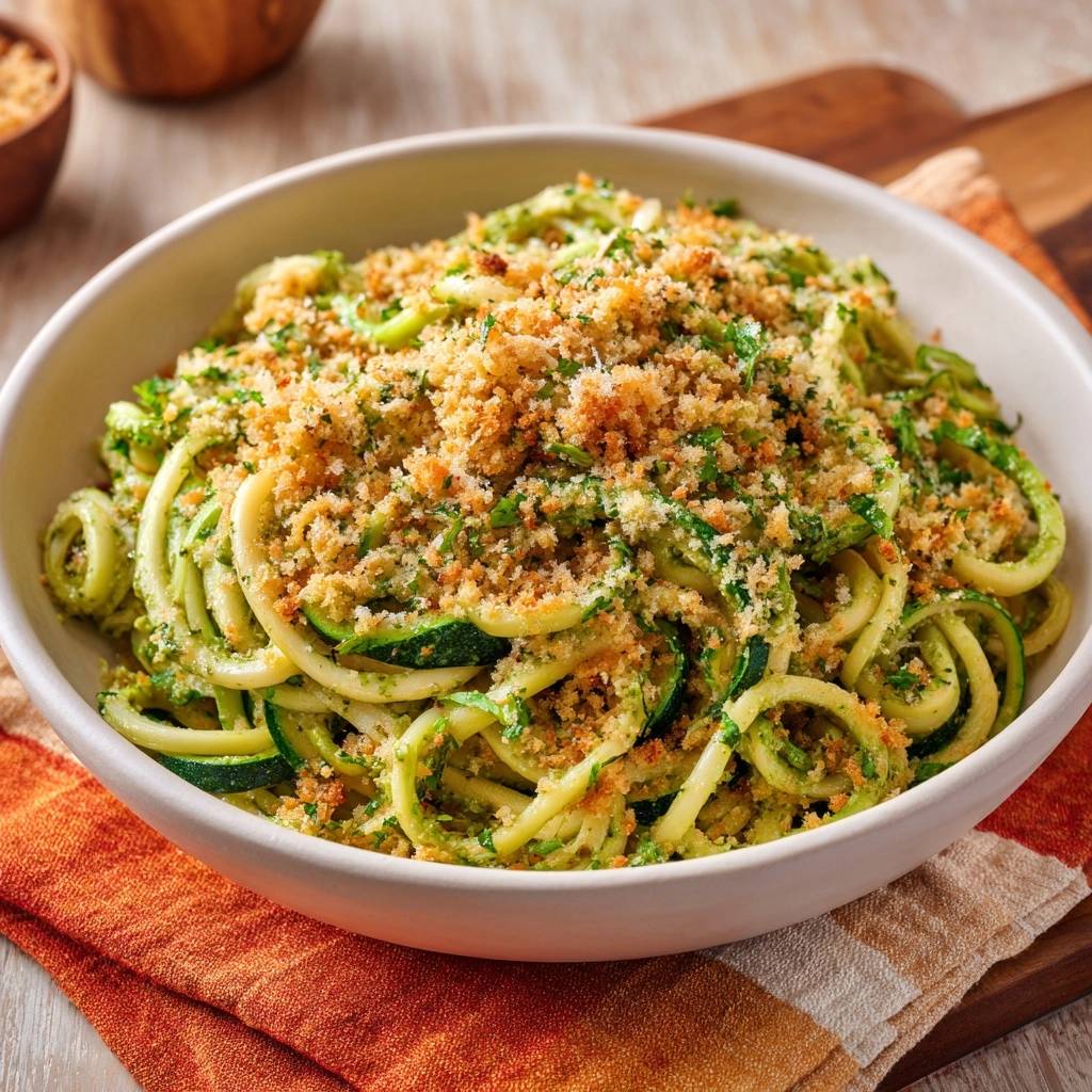 Zucchini-Nudeln mit Pesto und knusprigen Krümeln, detailreiche Nahaufnahme der Textur und des Belags