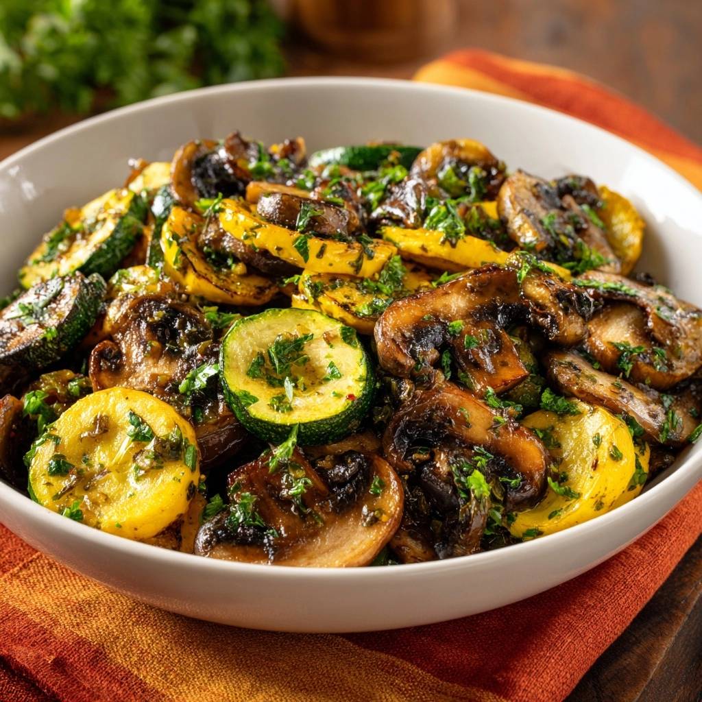 Zucchini Pilz Pfanne Nahaufnahme In Schuessel 1 Knackige Zucchini-Pilz-Pfanne als Nahaufnahme in einer weißen Schüssel mit gehackter Petersilie garniert.