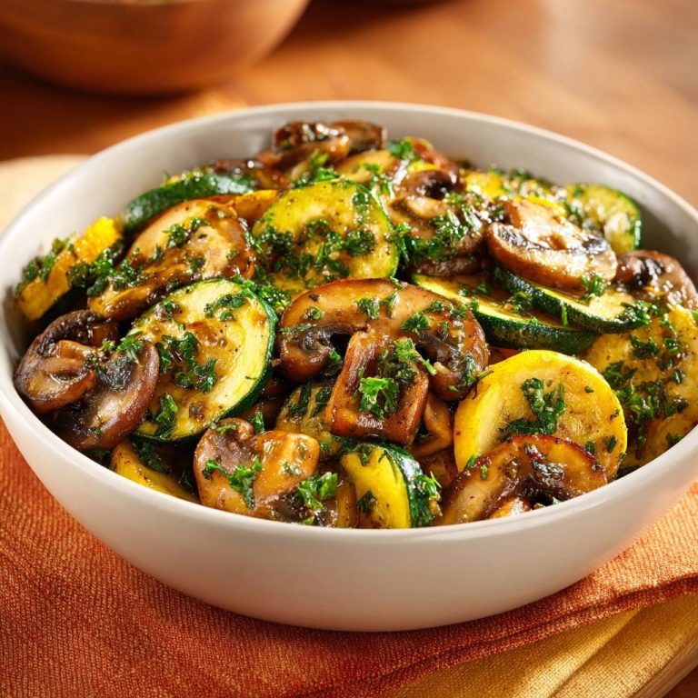 Knackige Zucchini-Pilz-Pfanne als Nahaufnahme in einer Schüssel mit frischer Petersilie garniert